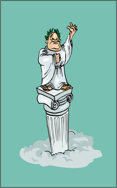 humorous cartoon of roman orator, dressed in a toga, standing on pillar